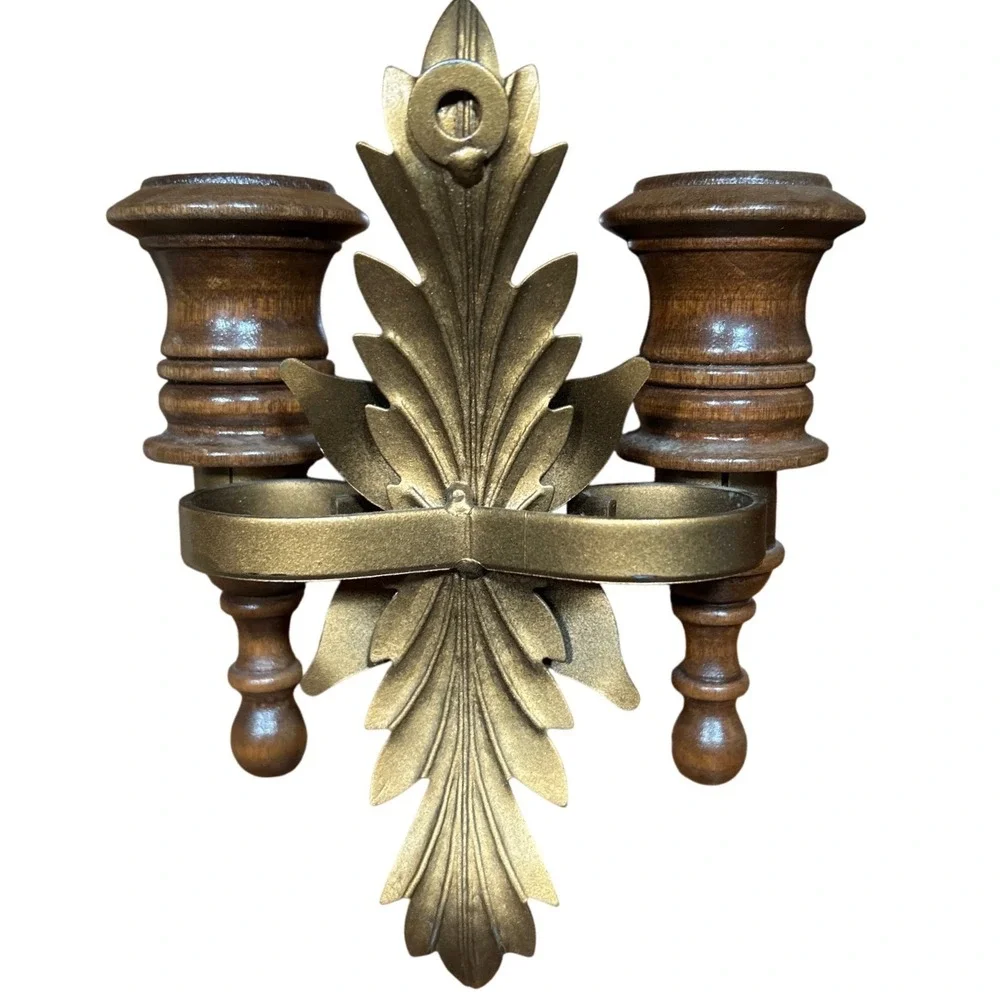 Vintage Pair Gold Metal Acanthus Leaf & Wood Double Wall Sconce Candle Holders